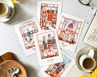 Set of 5 handmade City cards / handmade New York postcard / Gdansk postcard / Montreal postcard / Florence postcard / Edinburgh postcard /