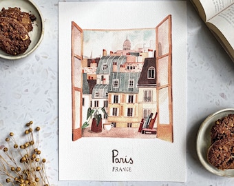 Handmade Paris print / Paris Print / Paris wall art / Paris poster/ Paris watercolour print / Paris rooftop poster/ Paris Montmartre print