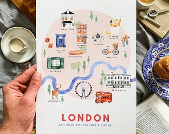 Handmade London Neighbourhood Map / London print / Cute London Watercolour print / Handmade London print / Colorful London map