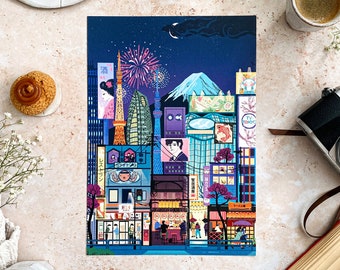 Retro Tokyo Art Print: Shibuya Night Scene, Japan