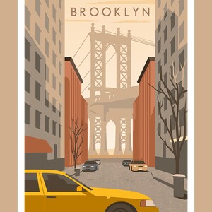 May include: A yellow taxi cab drives down a city street with a view of the Brooklyn Bridge in the background. The street is lined with brick buildings and trees. The sky is a light orange color.