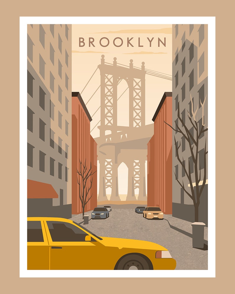 May include: A yellow taxi cab drives down a city street with a view of the Brooklyn Bridge in the background. The street is lined with brick buildings and trees. The sky is a light orange color.