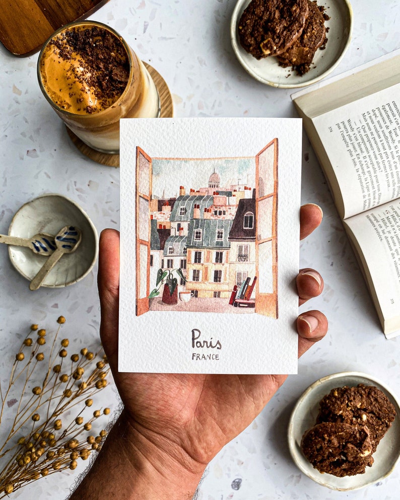 Set of 5 handmade City cards / handmade Paris postcard / Amsterdam card / London postcard / Lisbon card / Venice postcard / Paris print image 1