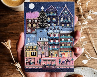 Set of 5 Christmas in Colmar Postcard: Festive Alsace Card with Red Envelope