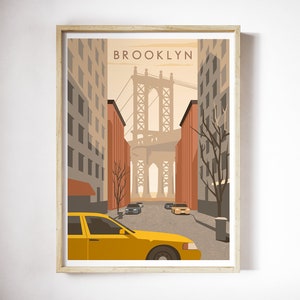 May include: A yellow taxi cab drives down a street in Brooklyn, New York, with the Manhattan Bridge in the background. The buildings on either side of the street are brown and red.