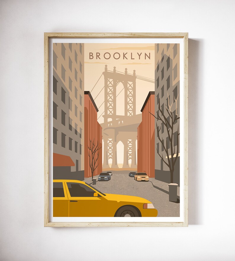 May include: A yellow taxi cab drives down a street in Brooklyn, New York, with the Manhattan Bridge in the background. The buildings on either side of the street are brown and red.