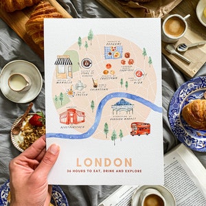 Mapa foodie de Londres hecho a mano / Impresión de Londres / Lindo estampado de acuarela de Londres / Impresión hecha a mano en Londres / Colorido mapa de Londres
