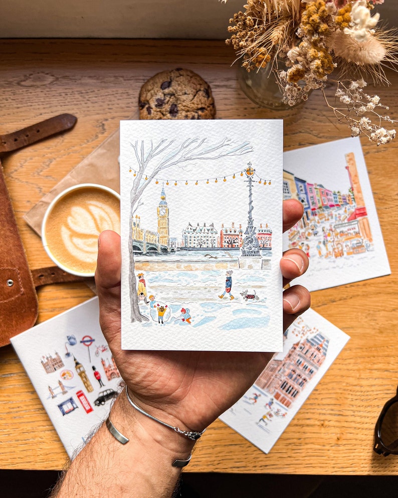 Set of 5 handmade London postcards / London cards / Cute London Watercolour postcard / Handmade London print / London Big Ben card pack / zdjęcie 1