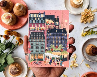 Set of 5 Retro Cities Paris Postcard with envelope