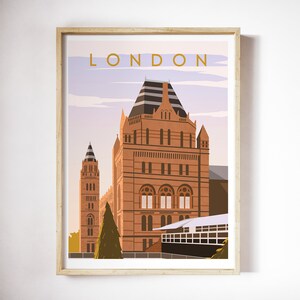 May include: A vintage-style illustration of the Natural History Museum in London, England. The building is depicted in a warm brown color with a tall, pointed tower and a large, arched entrance. The text "LONDON" is displayed in a gold font at the top of the image.