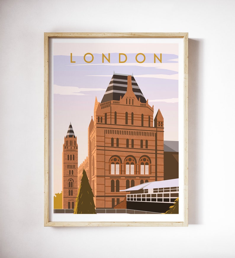 May include: A vintage-style illustration of the Natural History Museum in London, England. The building is depicted in a warm brown color with a tall, pointed tower and a large, arched entrance. The text "LONDON" is displayed in a gold font at the top of the image.