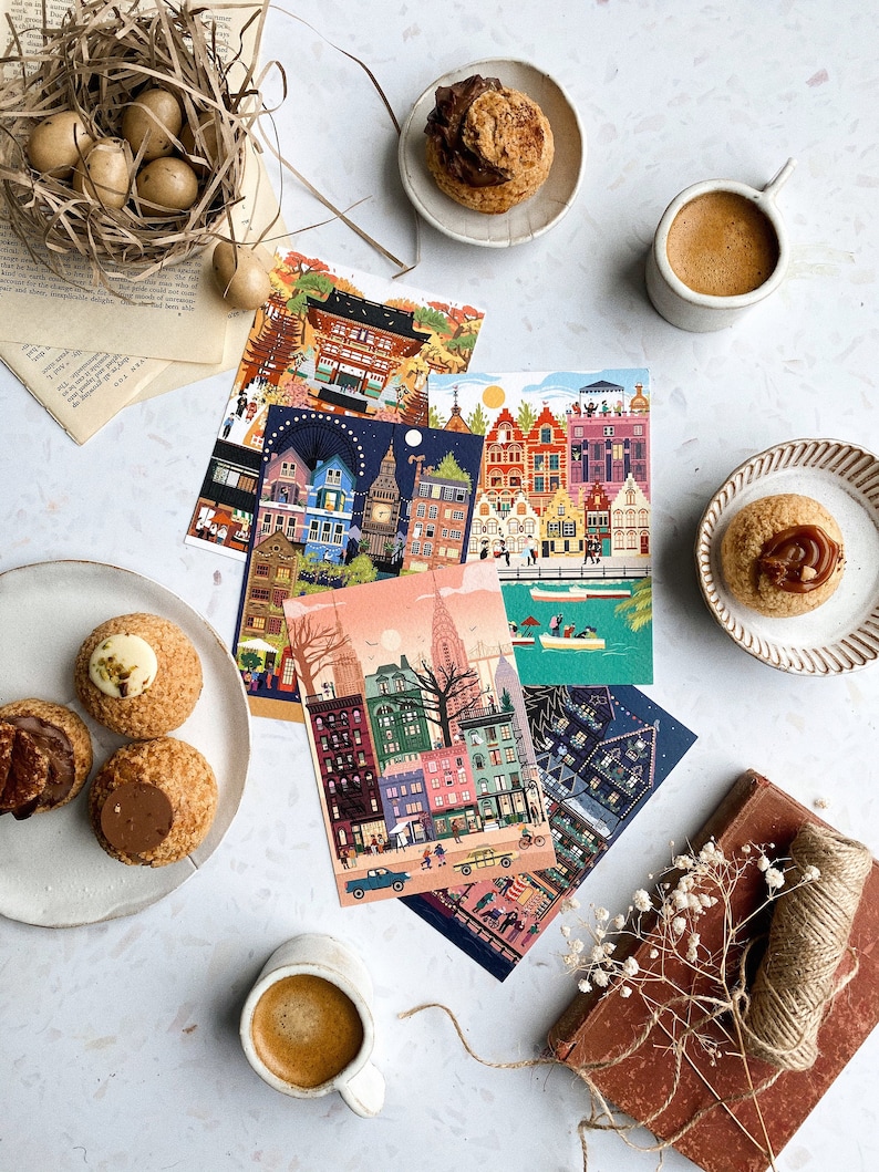 Set of 5 Retro City postcards / London postcard / Colmar postcard / New York postcard / travel postcards / Bruges postcard / Kyoto print image 3