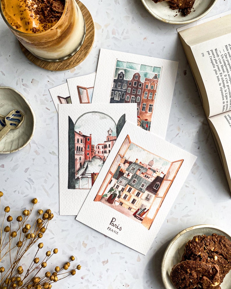 Set of 5 handmade City cards / handmade Paris postcard / Amsterdam card / London postcard / Lisbon card / Venice postcard / Paris print image 8