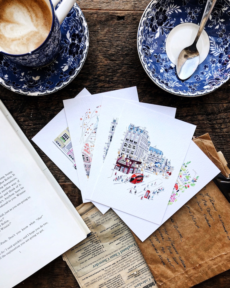 Set of 5 handmade London cards / London postcards / Cute London Watercolour postcard / Handmade London print / London card pack / image 2