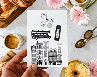 Set of 5 Black and white London cards / London postcards / London card pack / London Afternoon Tea card / London bus card