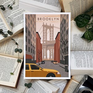 May include: A retro-style illustration of the Brooklyn Bridge in New York City. The image features a yellow taxi cab driving down a street with the bridge in the background. The text "BROOKLYN" is printed in bold letters at the top of the image.