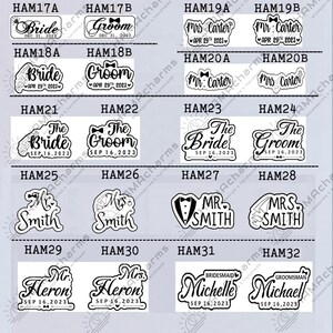 Pu&ograve; includere: Un set di 32 disegni stampabili in bianco e nero a tema matrimonio. I disegni presentano vari testi come "Bride", "Groom", "Mr. & Mrs.", "The Bride", "The Groom", "Bridemaid" e "Groomsman".