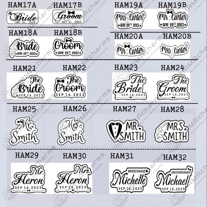 Pu&ograve; includere: Un set di 32 disegni stampabili in bianco e nero a tema matrimonio. I disegni presentano vari testi come "Bride", "Groom", "Mr. & Mrs.", "The Bride", "The Groom", "Bridemaid" e "Groomsman".
