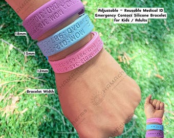 Adjustable - Reusable Custom Engraved Toddler / Kid/ Adult Emergency Contact Silicone Bracelet, Medical ID, Safety Alert Bracelet