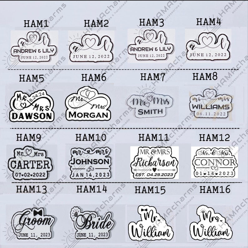 Pu&ograve; includere: Un set di 16 timbri da matrimonio in bianco e nero con vari testi e grafiche. I timbri sono etichettati da HAM1 a HAM16.