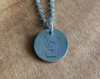 Rock-n-Roll/Longhorns Necklace, Stainless Steel, Disc Necklace, Hand Stamped, Personalized, Stamped Necklace