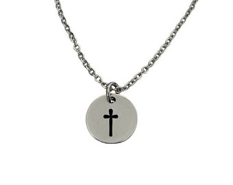 Cross Necklace, Stainless Steel, Disc Necklace, Hand Stamped, Personalized, Stamped Necklace