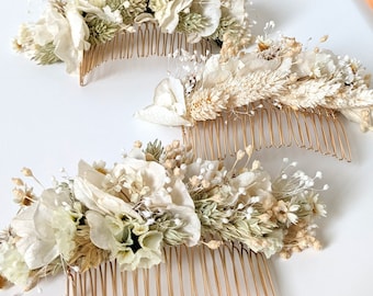 Peigne à cheveux fleuri mariage Luna en fleurs stabilisées