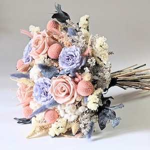 Pauline bridal bouquet in preserved roses and powder pink dried flowers, handcrafted boho chic floral creation