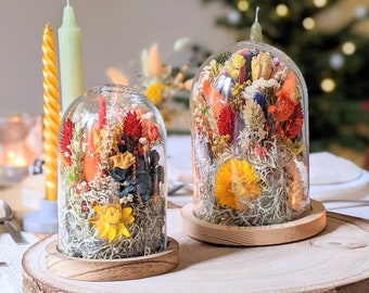 Glass bell, dried and preserved flowers in rainbow colors, Flora