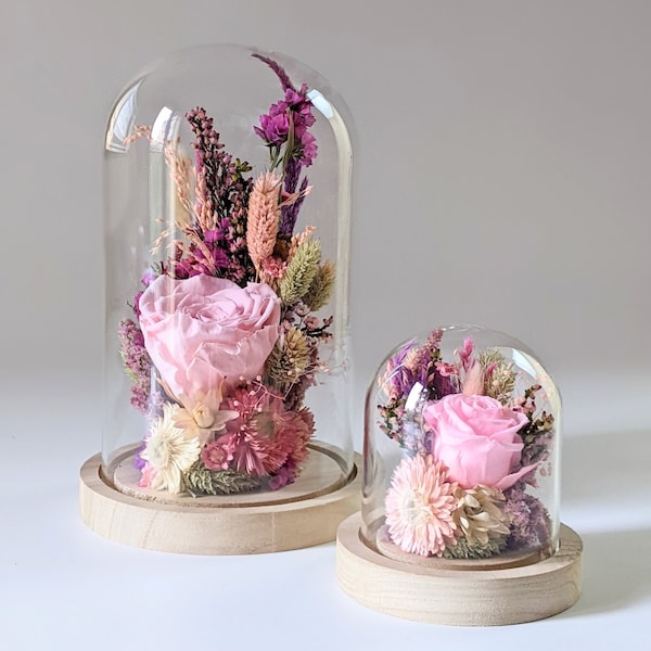 Glass bell and dried flowers for interior decoration, Pink Purple