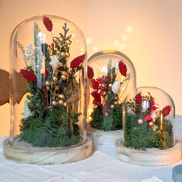 Glass bell with preserved flowers in Christmas colors, Jingle Bell