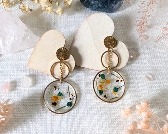 Boucles d’oreilles en fleurs séchées, bleues et safran, Charlotte