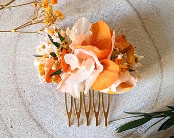 Chloé Natural Preserved Flower Wedding Comb – Peach, Orange and Green – Handmade Hair Accessory Made in France