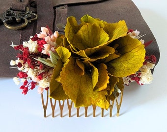 Peigne à cheveux fleuri pour coiffure de mariage en fleurs séchées & fleurs stabilisées, Dahlia