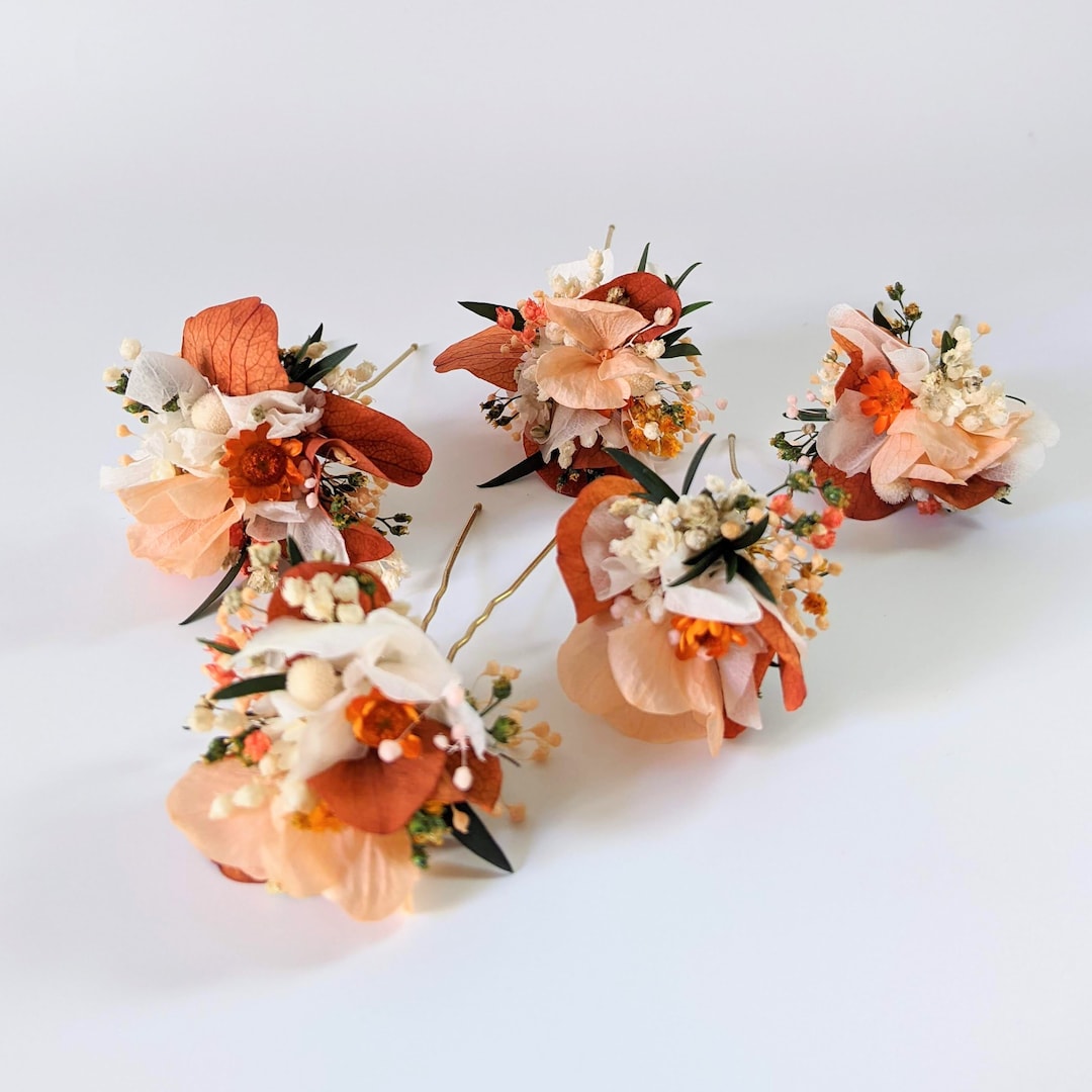 Horquilla de boda bohemia con flores naturales preservadas en tonos  naranja, melocotón y verde, accesorio para el cabello de novia, Witness,  cápsula