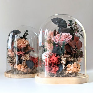 Glass bell with eternal rose and preserved flowers, Eden