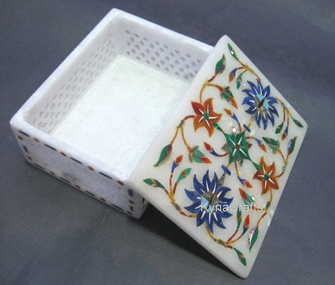 White Stone Decorative Box Inlaid With Semi Precious Stones Etsy UK