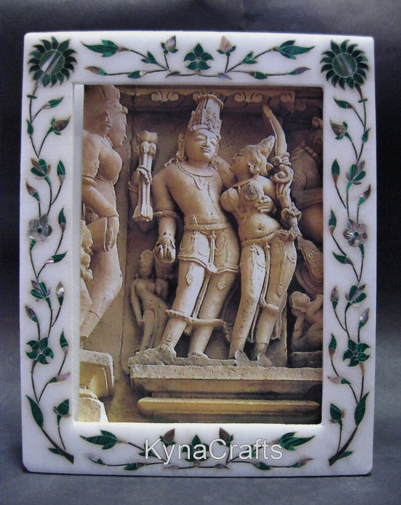10 x 8 Inches White Marble Inlay Picture Frame Handcrafted Marble Frame with Pietra Dura Art for Birthday Gift from Indian Cottage Crafts
