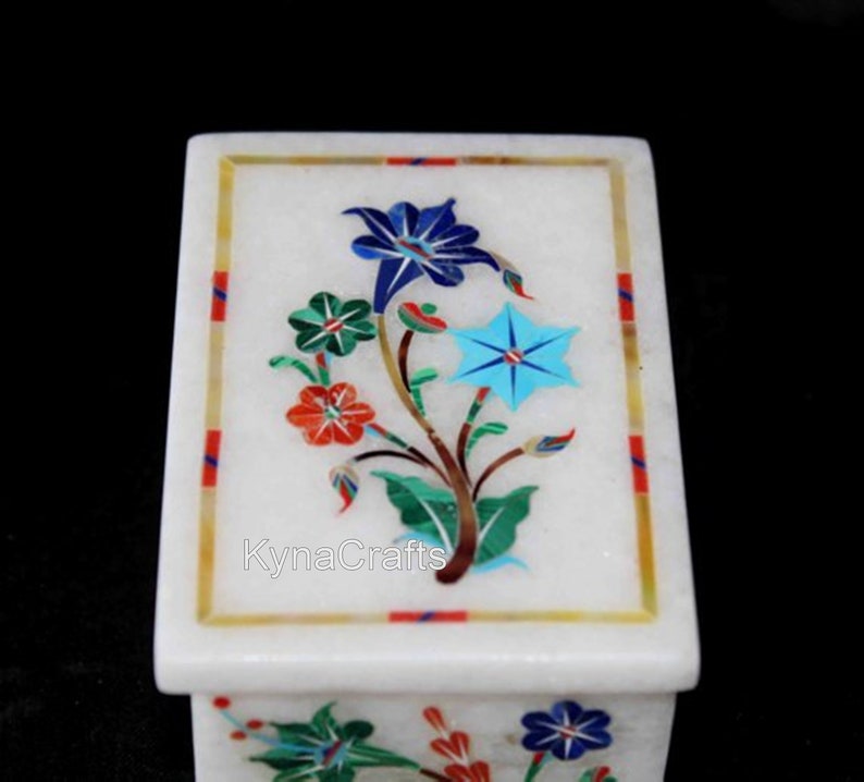 Semi Precious Stones Inlaid Trinket Box with Pietra Dura Art Beautiful Accessories Box for Multi Purpose Use in 4 x 3 x 2 Inches