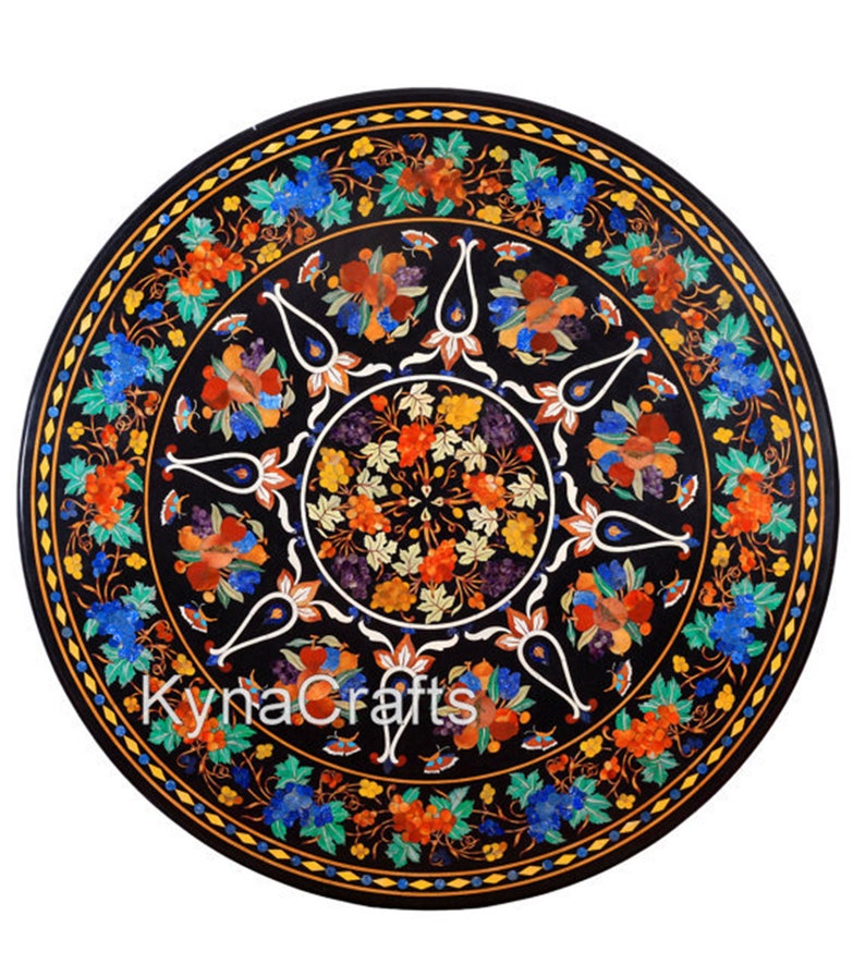 48 Inches Marble Dining Table Top With Marquetry Art Round Etsy