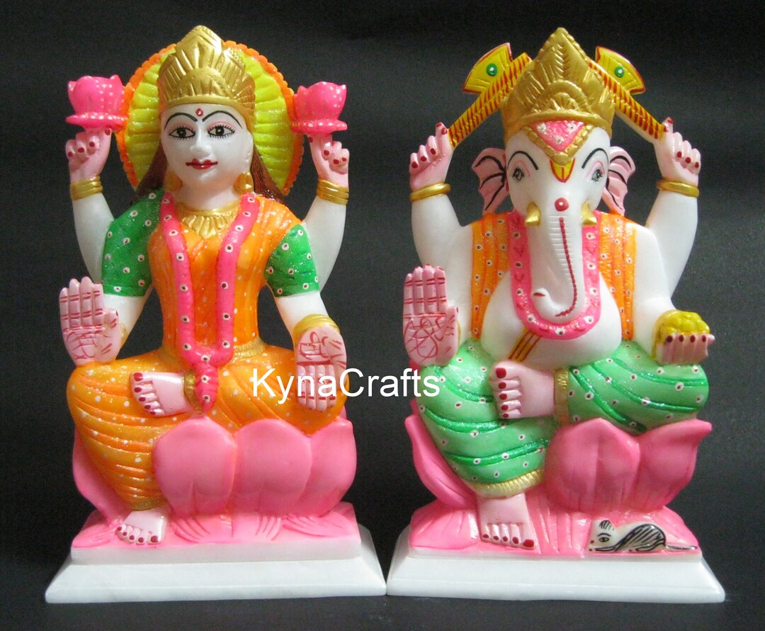 9 Inches White Marble God Ganesha Goddess Laxmi Ji Statue Hand Etsy