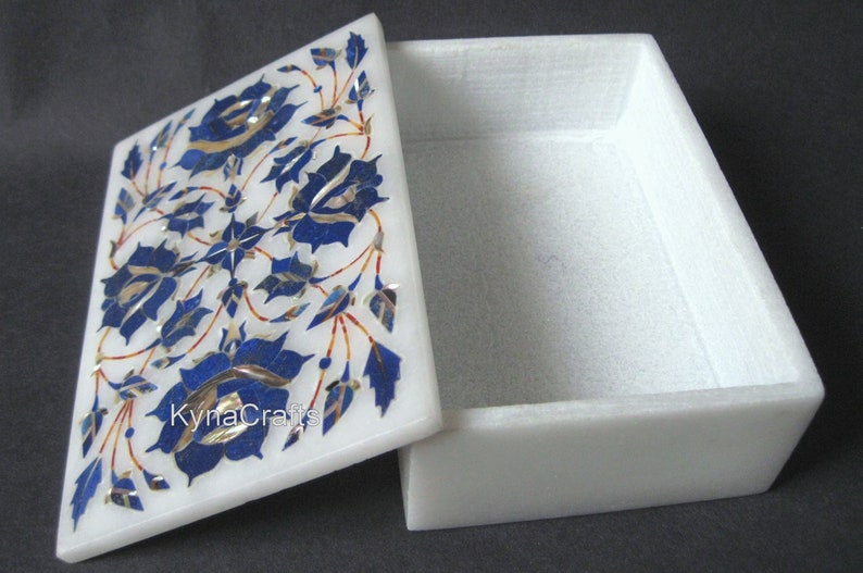 Rectangle Shape White Marble Inlay Work Trinket Box Lapis Lazuli Stone Jewelry Box for Multi Purpose Use in 6 x 4 x 2.5 Inches from India