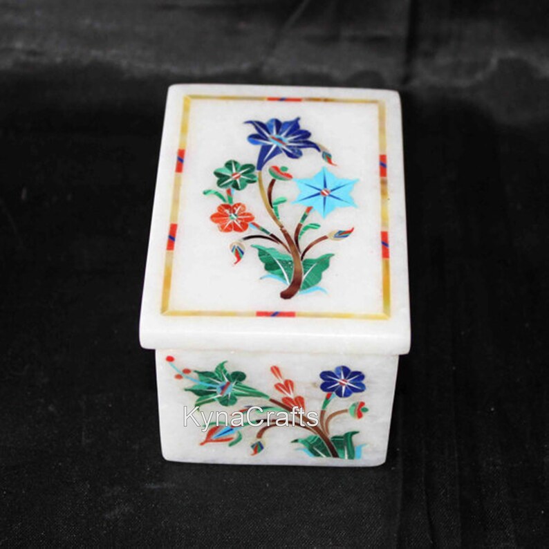Semi Precious Stones Inlaid Trinket Box with Pietra Dura Art Beautiful Accessories Box for Multi Purpose Use in 4 x 3 x 2 Inches