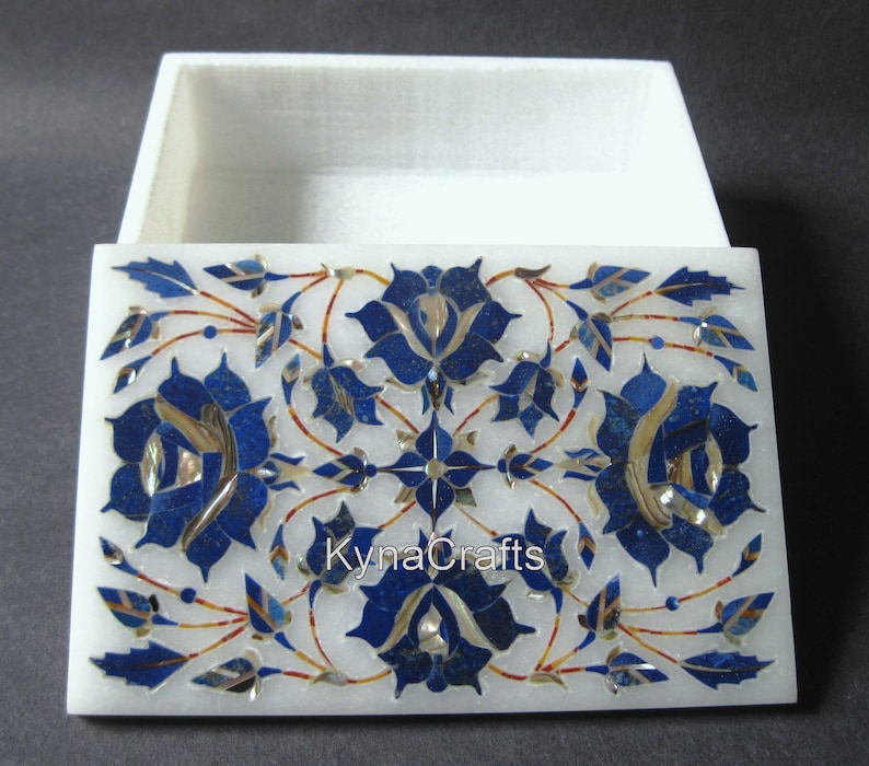 Rectangle Shape White Marble Inlay Work Trinket Box Lapis Lazuli Stone Jewelry Box for Multi Purpose Use in 6 x 4 x 2.5 Inches from India