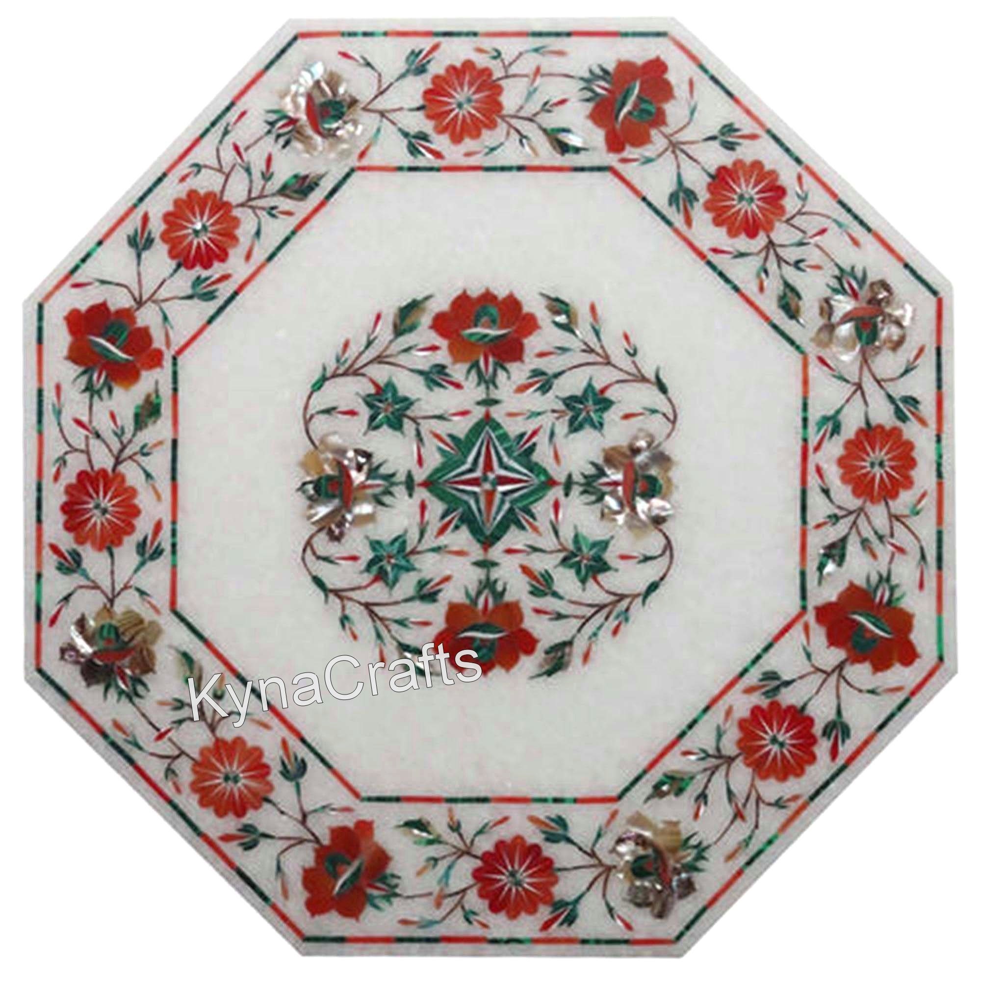 White Marble Sofa Side Table Top Semi Precious Stones Coffee Table with Floral Design from Indian Vintage Crafts