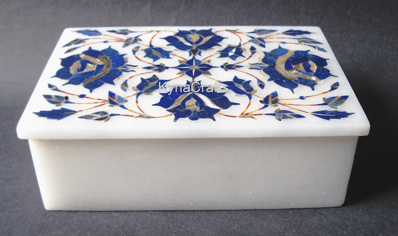 Rectangle Shape White Marble Inlay Work Trinket Box Lapis Lazuli Stone Jewelry Box for Multi Purpose Use in 6 x 4 x 2.5 Inches from India