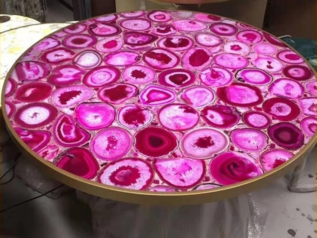 Home Decor Table Top With Resin Art Round Shape Pink Agate Etsy