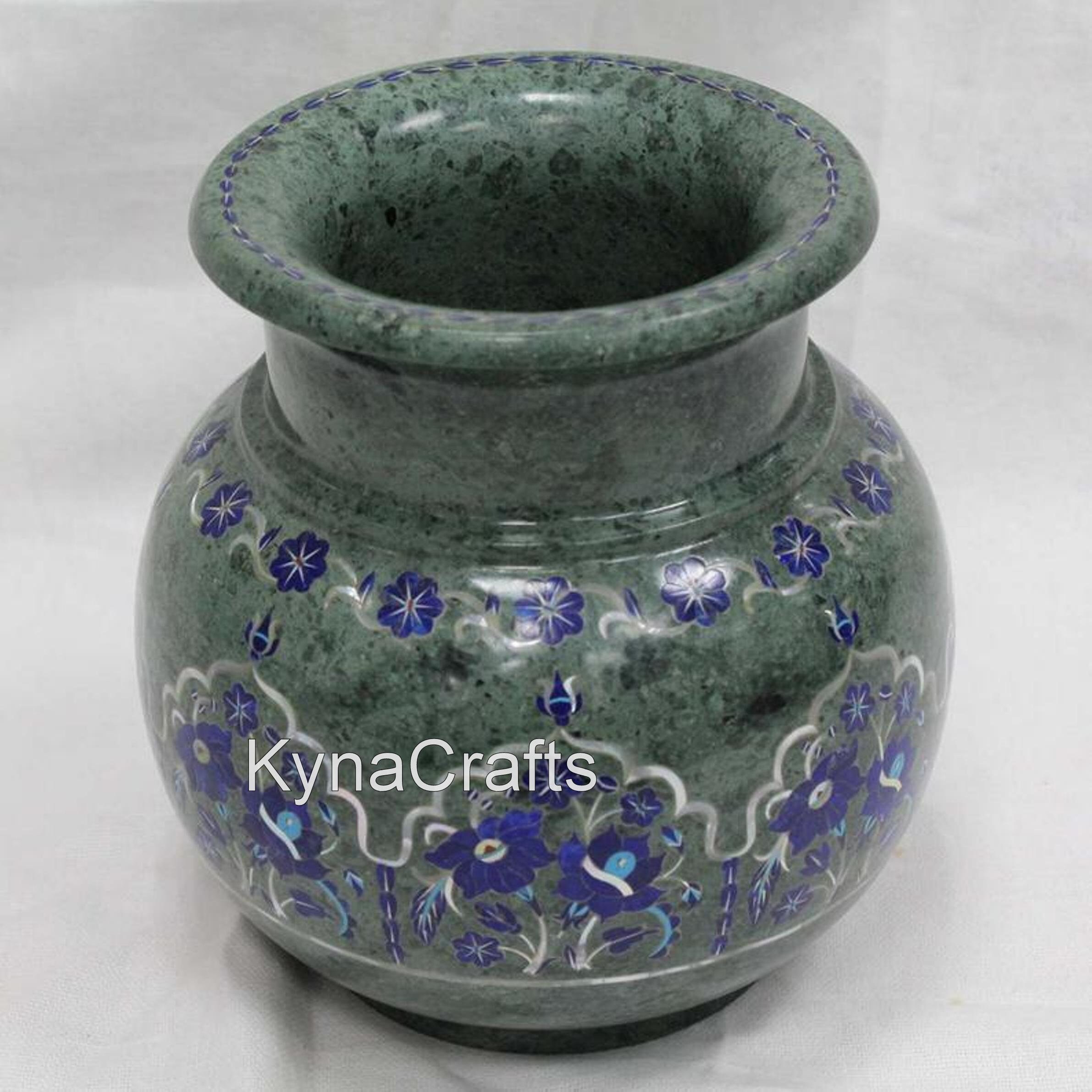 Inches Green Marble Flower Vase with Royal Look Lapis Lazuli Stones  Inlaid Decorative Planter from Indian Art and Crafts 