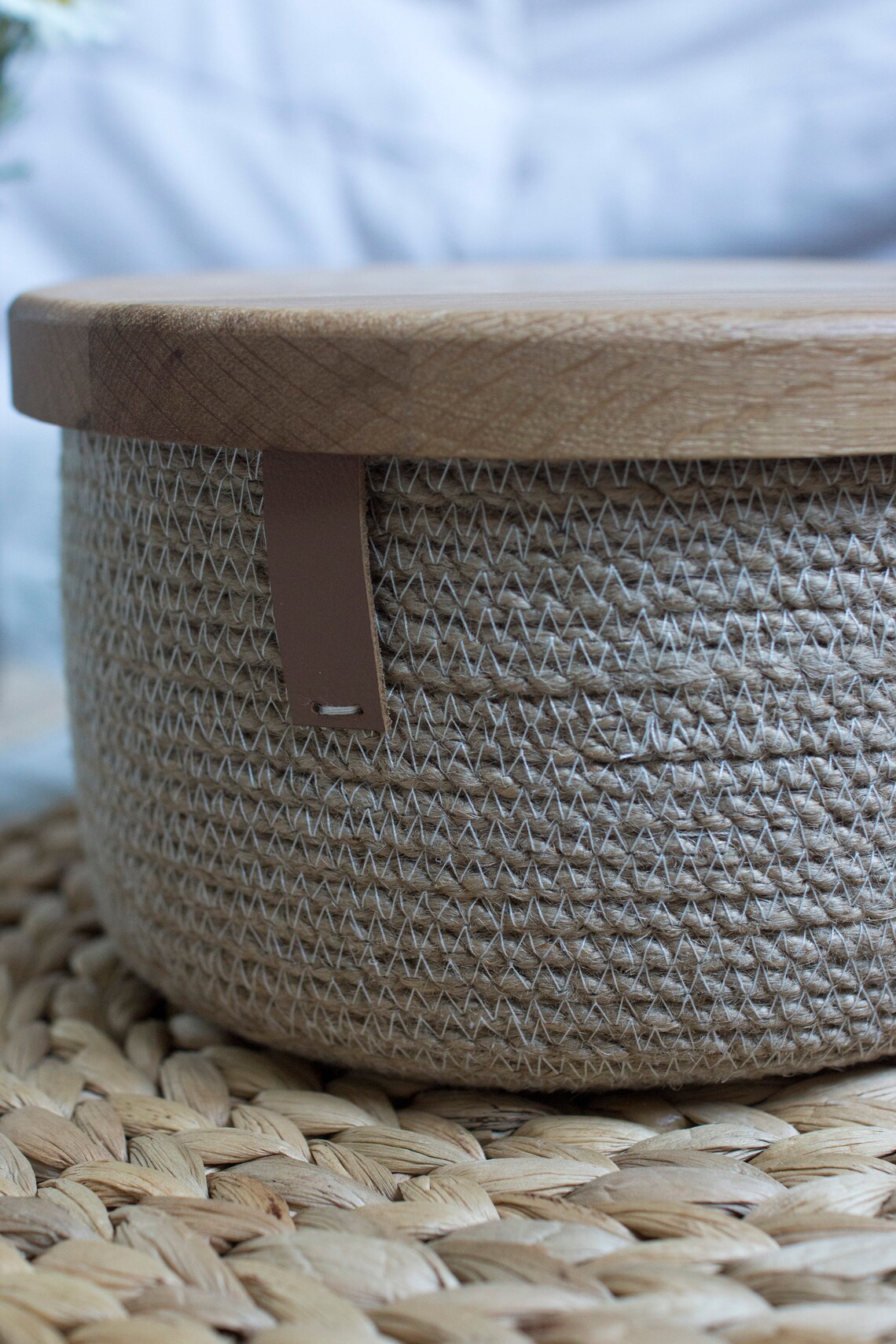 Jute rope basket with wooden tray lid small round basket with Etsy