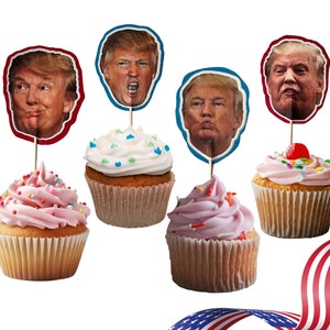 Adornos para cupcakes con la cara de Trump para celebrar la elección presidencial de Trump en 2024